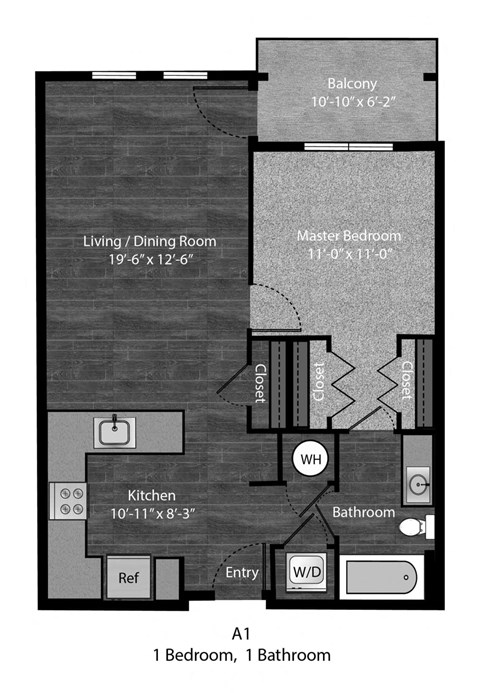 Floor plan for 1 bed, 1 bath, 715 sqft